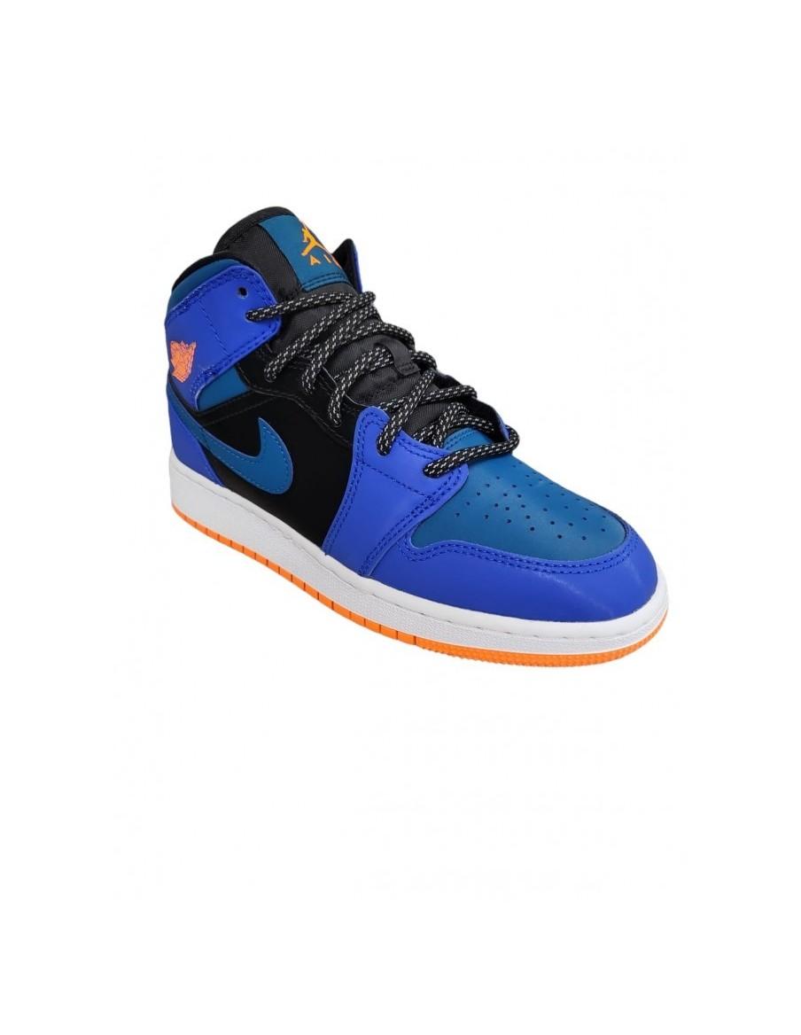 NIKE AIR JORDAN 1 MID SNEAKERS -LEATHER- BLUE / LIGHT BLUE / BLACK-554725-440